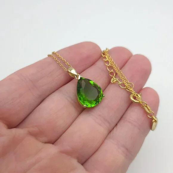 18 Inch Gold Over Sterling Silver Green Glass Gem Necklace A741 - Picture 3 of 8